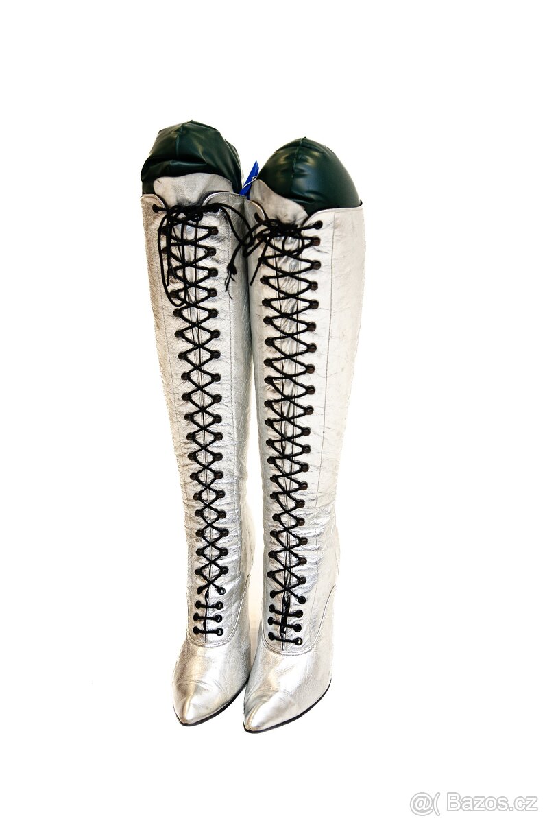 Stříbrné sexy kožené kozačky po kolena EU 41 šněrovací kůže - 6