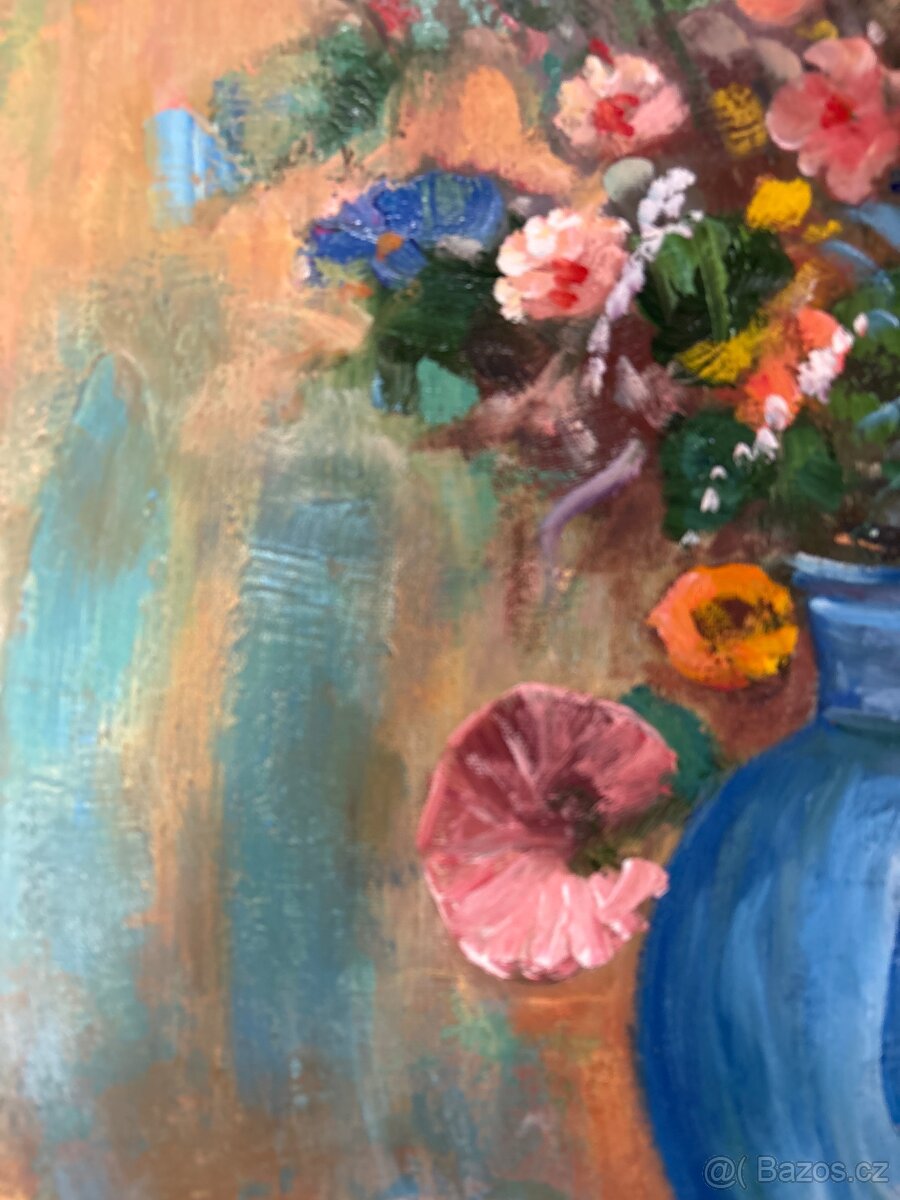 kvety v tyrkysove vaze - olejomalba 61 x 76 cm - 6