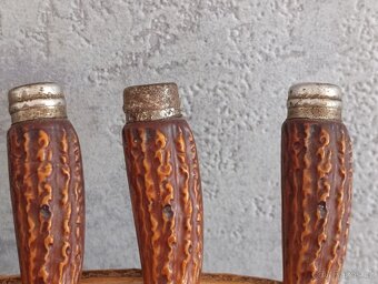 6 x malé nožíky v řadě na dřevéné podložce z břízy. - 6