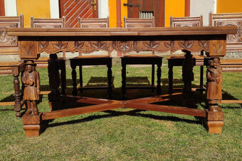 Starožitný dubový rozkládací stůl a 6 židlí - 6