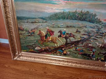 Pěkný,starý obraz-olej- bitva na poli - 6