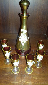 Borské sklo smaltovavé vázy,likér.sada v růžové barvě - 6