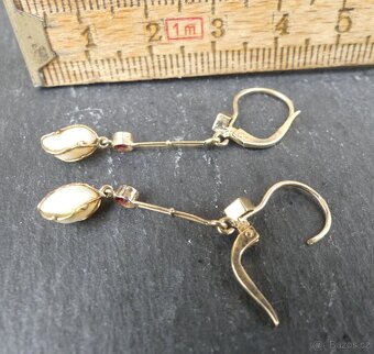 Starožitné secesní zlaté náušnice, perly, rubínky - 6