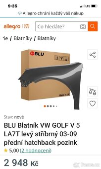 Prodám nový ridicúv blatnik v sedé metalíze na Golf5 - 6