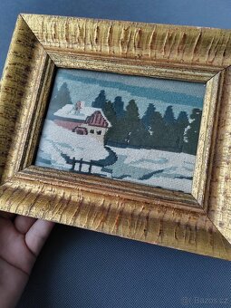 Starožitná gobélínová výšivka v luxusním zlatém rámu - 6