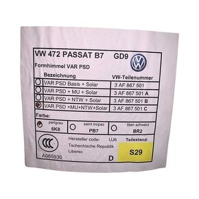 Stropnice šedá barva 6K8 střešní okno VW Passat B7 kombi 12 - 6