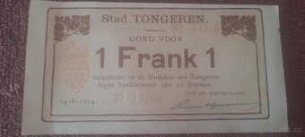 BELGICKÁ NOUZOVÁ BANKOVKA - 1 FRANK TONGEREN VYDÁNÍ 14. 8. 1 - 6