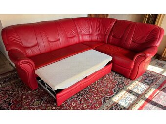 Rohová rozkládací kožená červená sedačka,4670 - 6