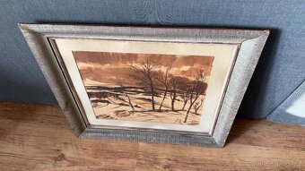 🖼️ Akvarel – zimní krajina, signováno Kracík, pův. rám - 6