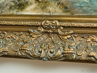 Zimní krajina s postavami na zamrzlé řece, olej na dřevěné d - 6