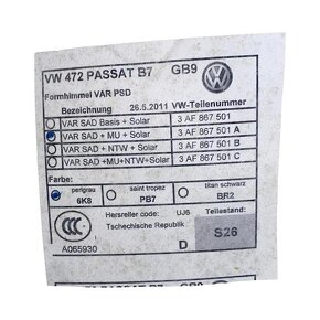 Stropnice šedá střešní okno 3AF867501A VW Passat B7 kombi 12 - 6