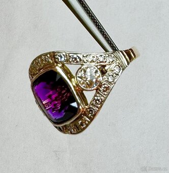 MIMOŘÁDNÝ 14K ZLATÝ ART DECO PRSTEN S AMETYSTEM A DIAMANTY - 6