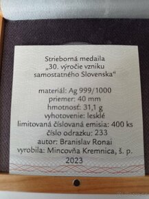 Střibrna medaile - 30 výroči vzniku Slovenská/400ks - 6