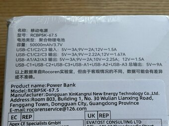 NOVÁ powerbanka Rocoren 50000mAh 67.5W, 3x USB-A + 3x USB-C - 6