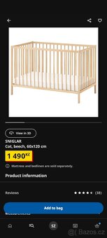 Dětská postýlka SNIGLAR (nová) + matrace a povlečení - 6
