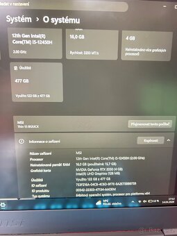 Prodám herní notebook MSI Thin 15 B12UCX. - 6