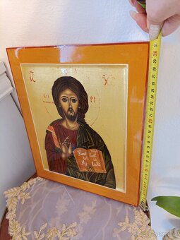 Starožitná dřevěná, lakovaná a zlacená Ikona. - 6