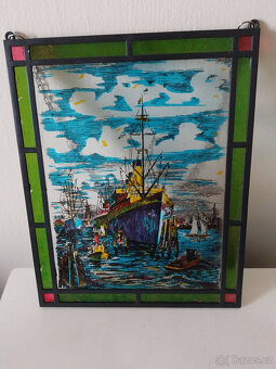 Starší skleněná vitráž do okna, sklo a kov - 6