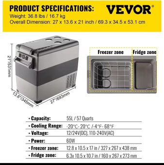 VEVOR 55L NOVÁ Autolednice 20℃ až -20℃ do auta 12V/230V - 6
