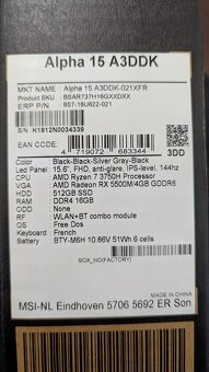 LINUX MSI Alpha 15 144Hz, Ryzen 7, 16/512GB, Radeon 5500M - 6