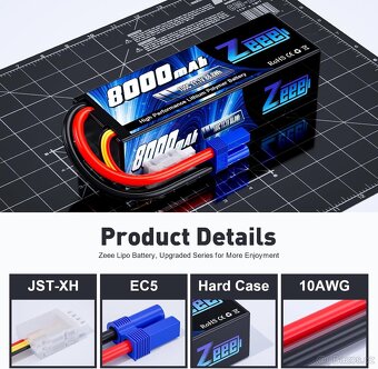 3S LiPo baterie 8000mAh 11.1V 100C Hard Case,kon. EC5 (2 ks) - 6