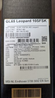 HERNÍ, ZÁRUKA 2r MSI GL65 Leopard, i7 16GB 1TB SSD RTX2070 - 6