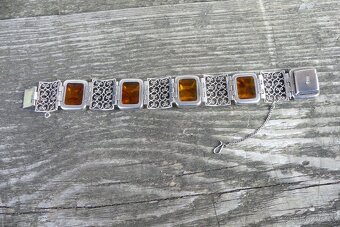 Luxusní stříbrný Art Deco náramek jantar, filigrán - 6