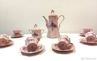 Růžový porcelán - retro, krásná čajová souprava - 6