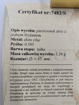 Zlatý prsten s diamantem a certifikát - 6