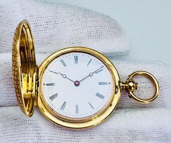 18K CELO ZLATÉ KAPESNÍ HODINKY - KLÍČOVKY SE SMALTEM - FUNKČ - 6