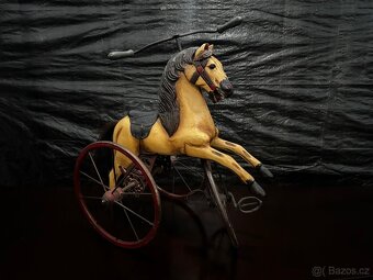 Krásný starožitný dřevěný tříkolový kůň 58cm výška - 6