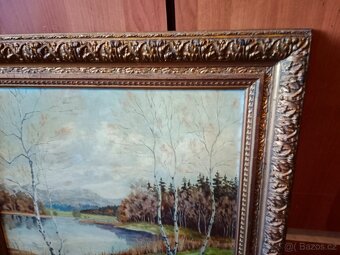 Pěkný starý obraz- olej- na kartonu -březový háj - 6