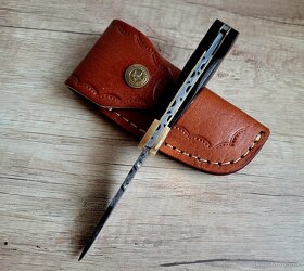 kapesní Damaškový nůž BUFFALO 16,5cm handmade+kožené pouzdro - 6