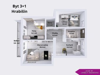 Prodej, byt 3+kk s balkonem, 79 m2, Hrabišín - 6