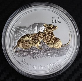 1 oz Rok Myši 2008 zlacený reliéf stříbrná mince - 6