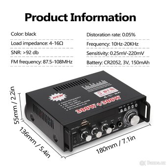 Bluetooth 5.0 stereo zesilovač 300W+300W 2kanálový ROZBALENO - 6
