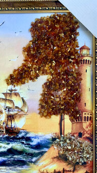 Luxusní jantarový obraz «Maják a plachetnice» – originál - 6