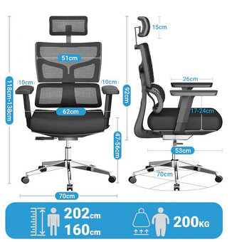 Židle k psacímu stolu do 200kg, kancelářské křeslo, černá - 6