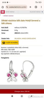Dětské náušnice bílé zlato Motýl červené a bílé zirkony - 6