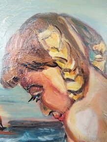 obraz - DÍVKA S COPÁNKY, akt, olej, sign. neurčena - 6