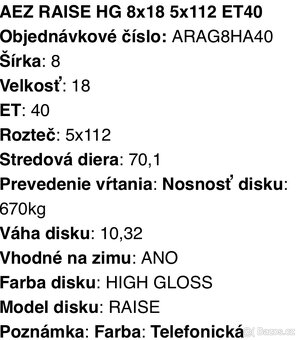 Alu kola AEZ 5x112 r18 et40 J8 +podložky 1500Kč - 6