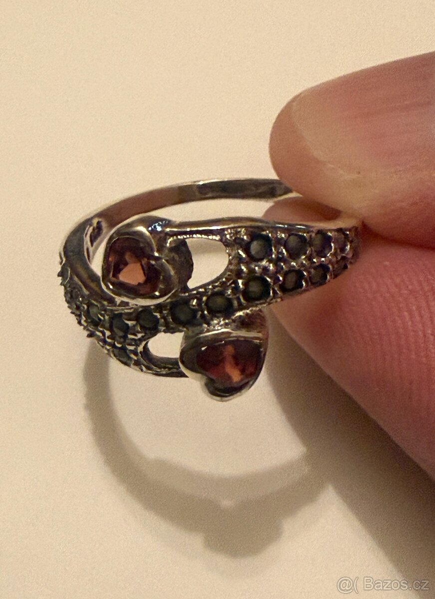 Stříbrný prsten přírodní granáty, markazity - 7