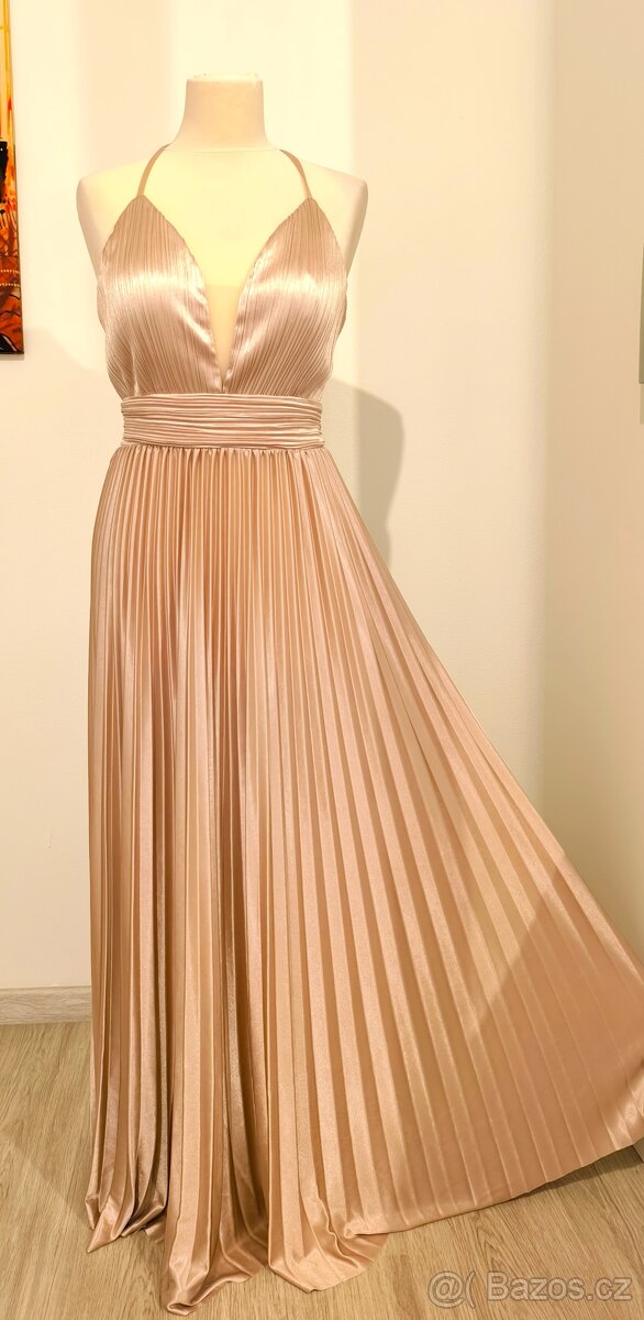 Zlaté plesové/společenské šaty s plisovanou sukní - 7