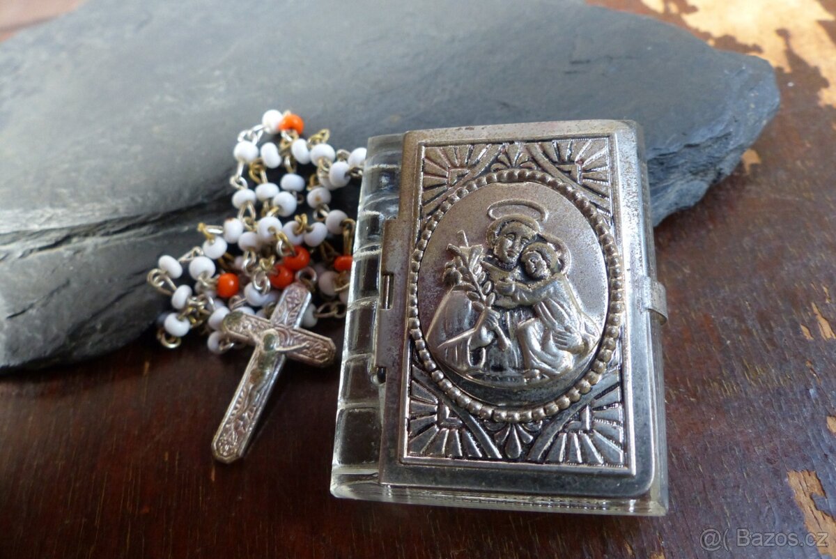 Starožitné škapulíře, sklo a kov, růženec - 7
