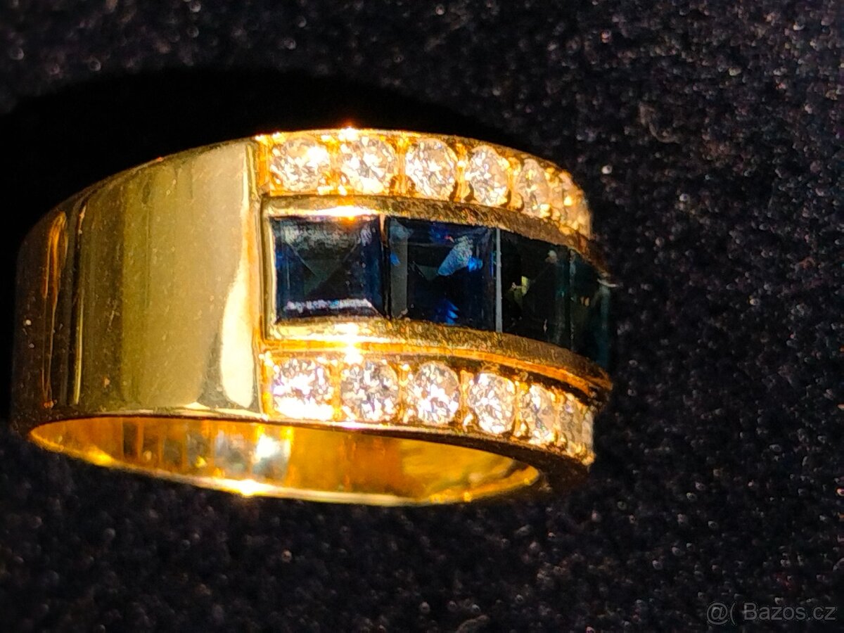 Cca 100 letny zlaty damsky prsten Diamanty a safiry - 7
