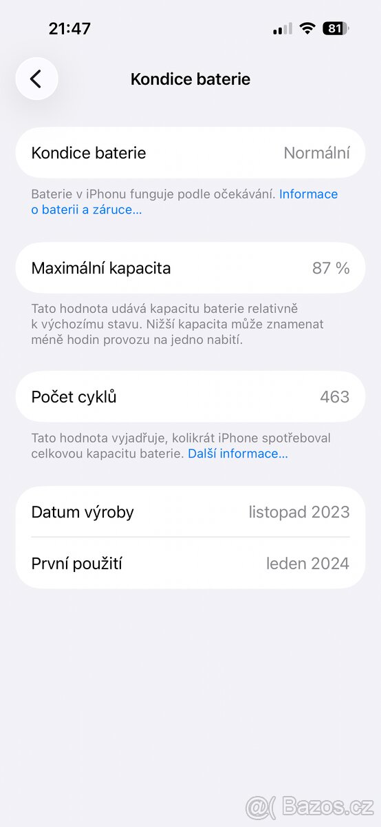Prodám Apple iPhone 15 256 GB black černý 256gb, 87% - 7