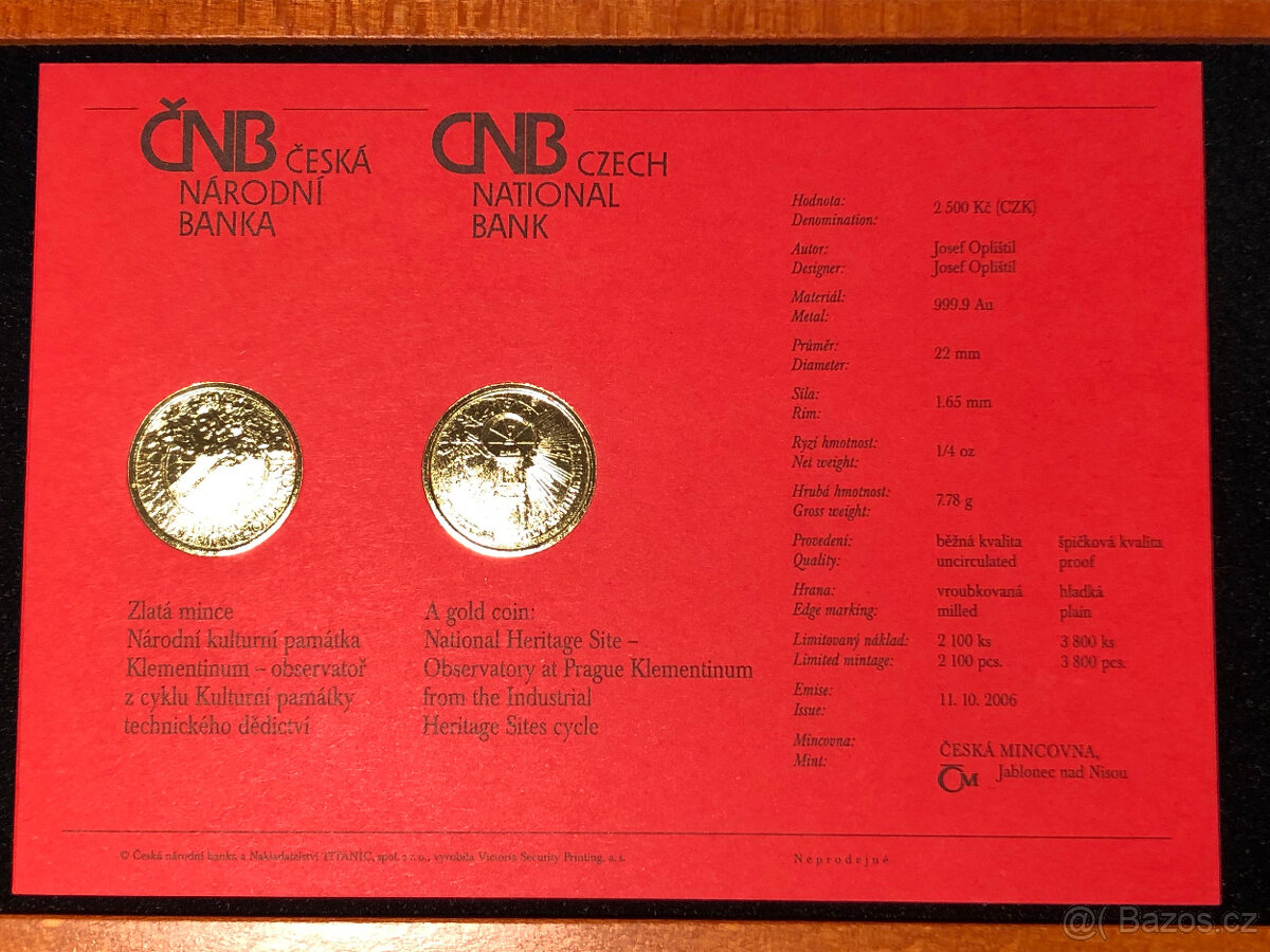 Zlatá mince Klementinum - observatoř proof - 7