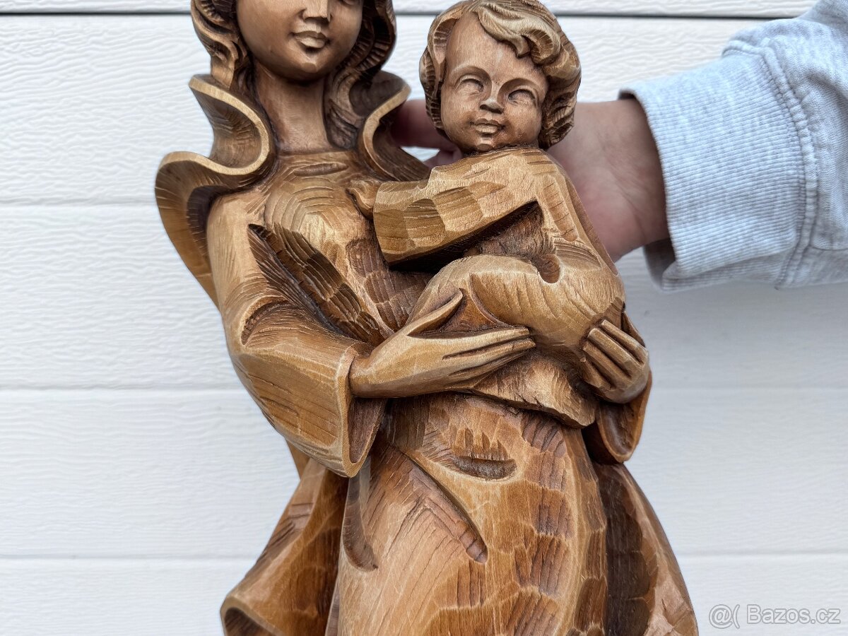 Velká dřevená socha Panna Marie značená řezbářem - 7