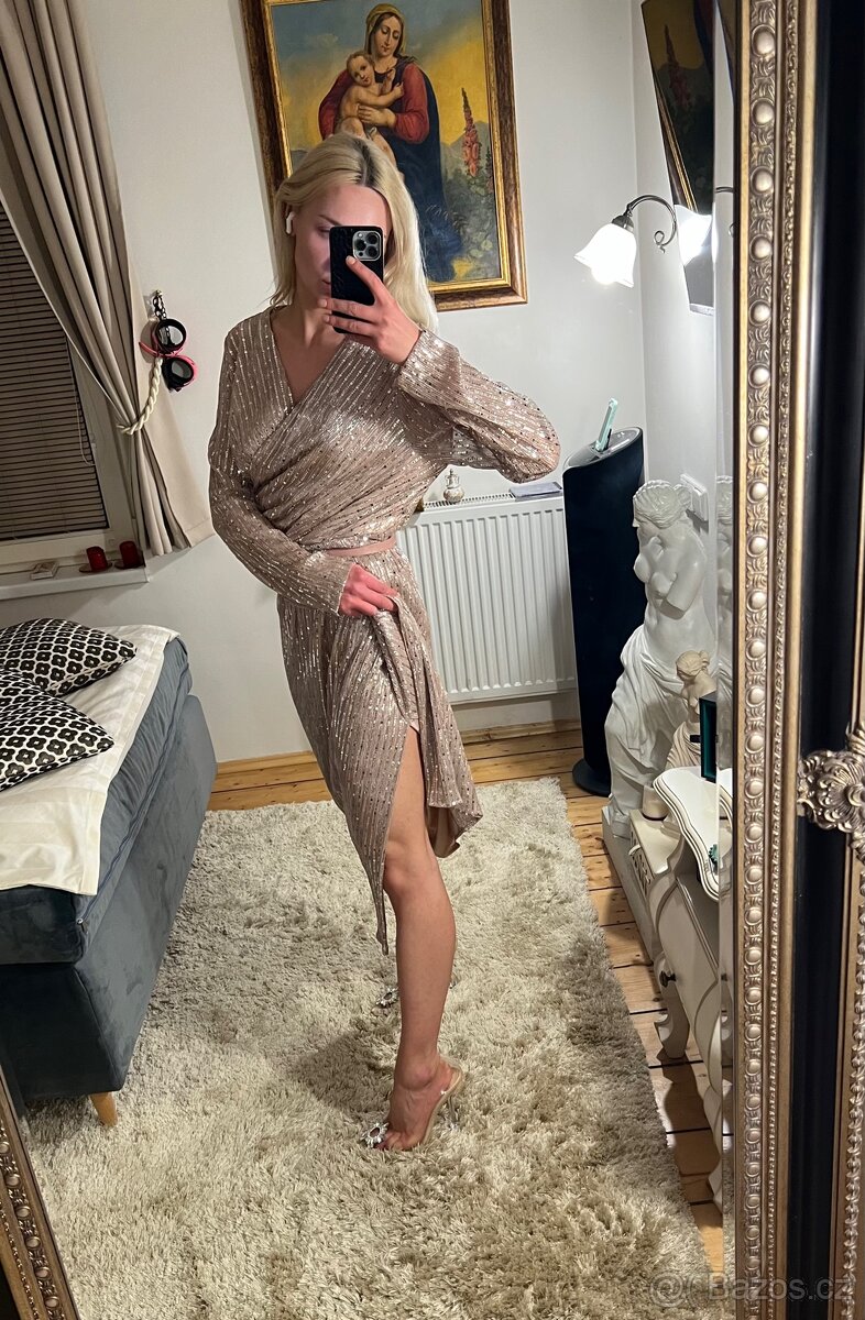 Pudrové midi šaty zn. Lilium s flitry - 7