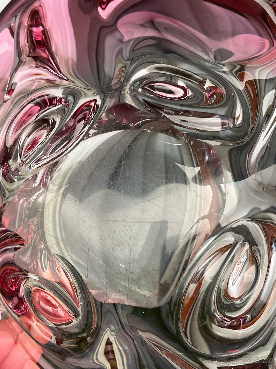 Mísa 29 cm, růžové hutní sklo, J. Hospodka Chřibská - 7